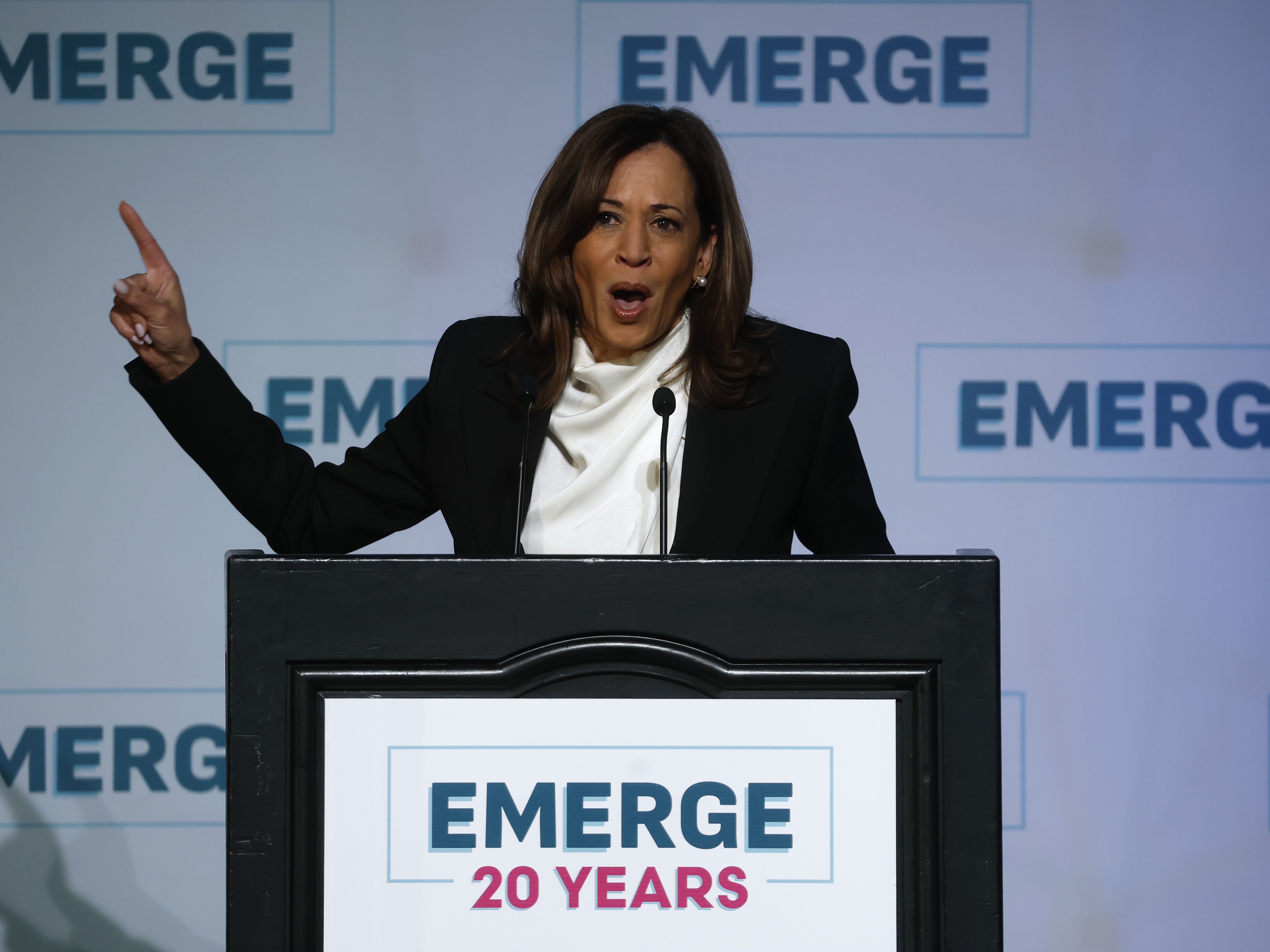 caption: Former Vice President Kamala Harris delivers a keynote address at a gala for Emerge America on Wednesday in San Francisco.