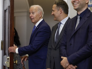 caption: President Biden, seen here at a meeting with leaders of AI companies at a White House meeting on July 21, will announce a sweeping executive order aimed at stepping up oversight of the technology.