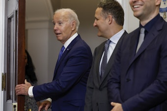 caption: President Biden, seen here at a meeting with leaders of AI companies at a White House meeting on July 21, will announce a sweeping executive order aimed at stepping up oversight of the technology.