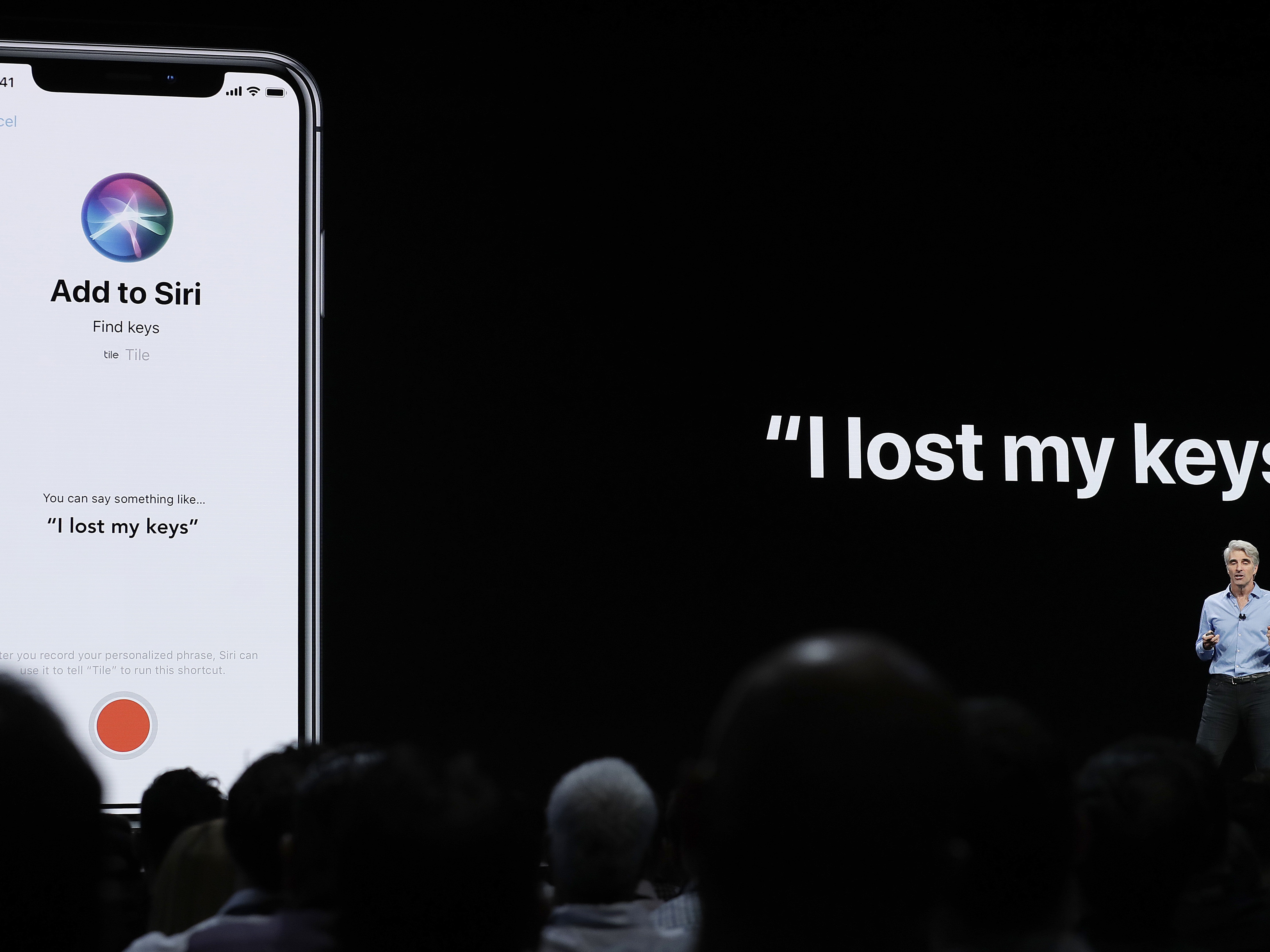 caption: Craig Federighi, Apple's senior vice president of Software Engineering, speaks about Siri during an announcement of new products at the Apple Worldwide Developers Conference in San Jose, Calif., June 4, 2018.