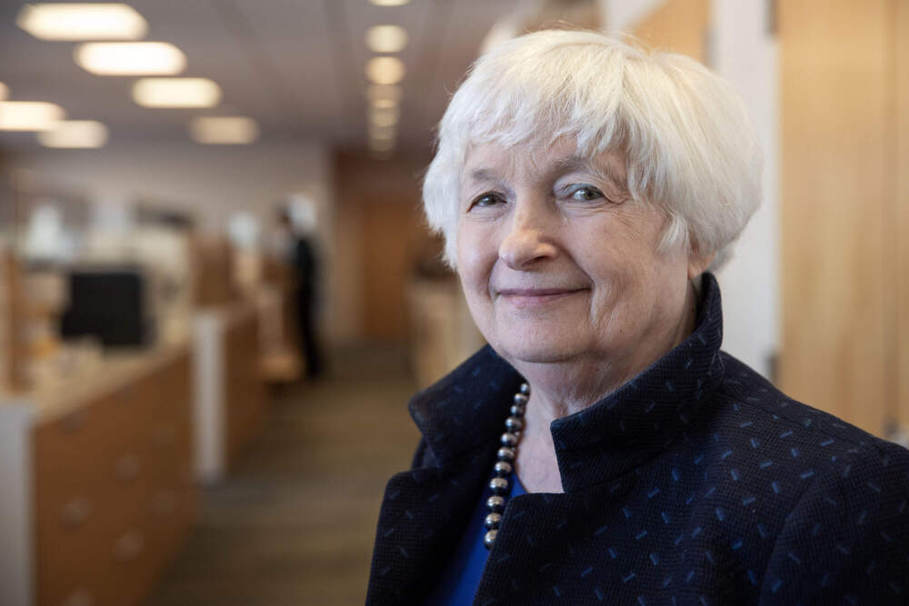 caption: United States Secretary of the Treasury Janet Yellen at WBUR's studios in Boston. (Robin Lubbock/WBUR)