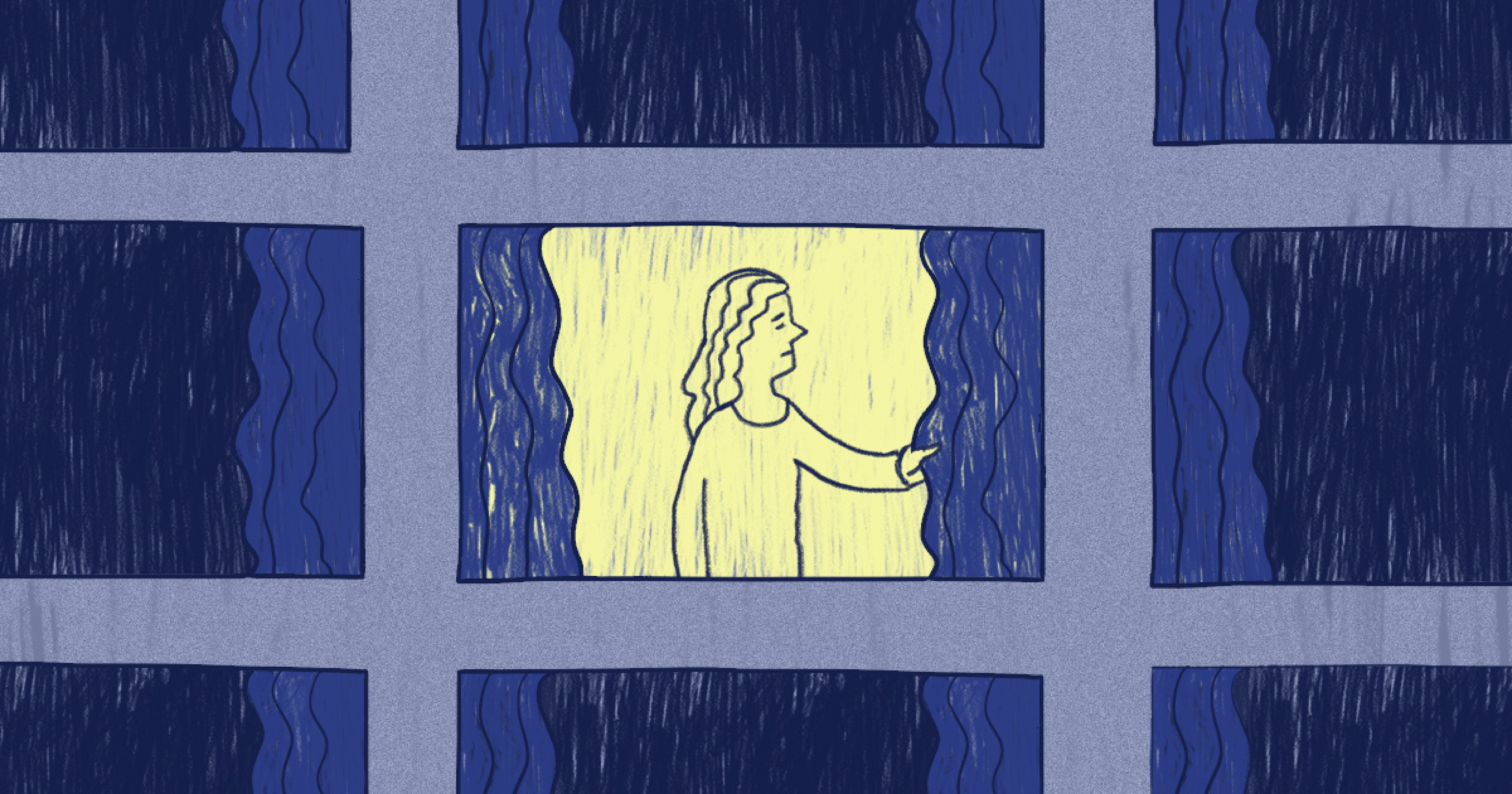 caption: A woman stands in front of a lit window, holding the curtains open and looking to the side. She is surrounded by a grid of identical dark windows.