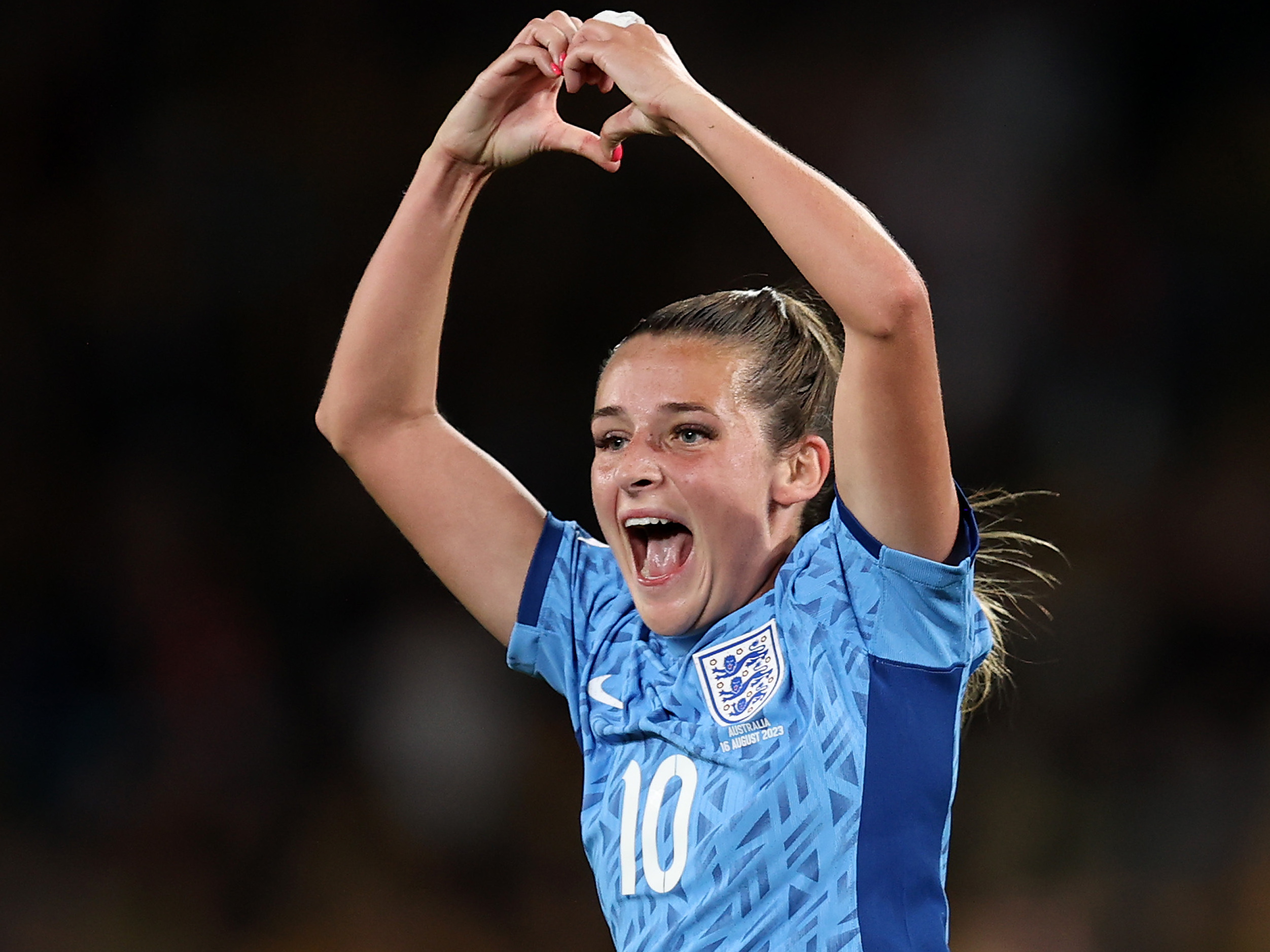 caption: Ella Toone of England celebrates after scoring her team's first goal in the FIFA Women's World Cup semifinal against Australia in Sydney. England turned away a late challenge to win, 3-1.