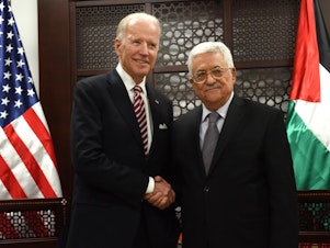 caption: Then-Vice President Biden, left, and Palestinian President Mahmoud Abbas, in Ramallah, Israeli-occupied West Bank, in 2016.