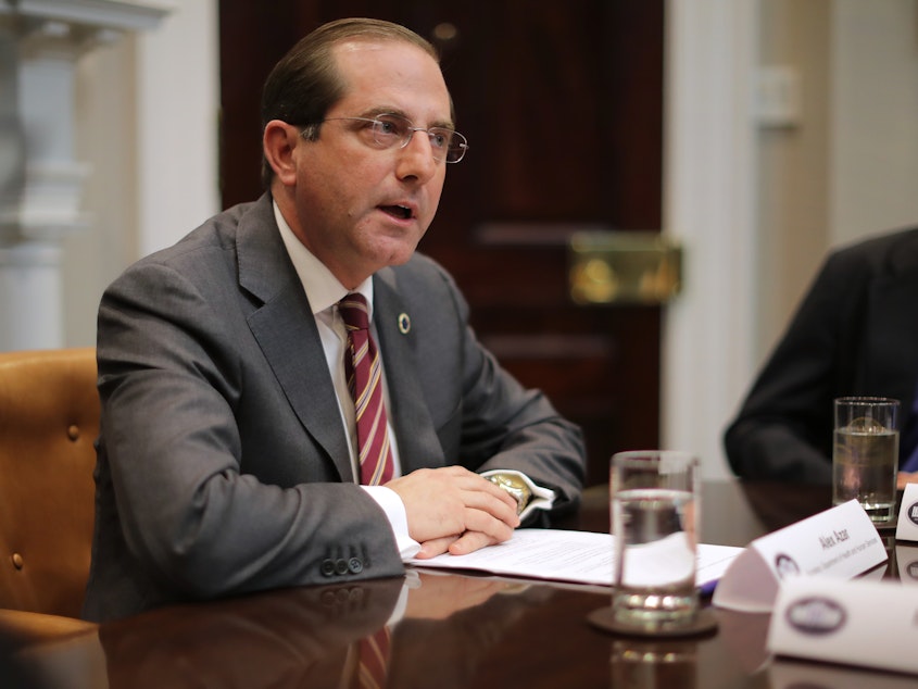 caption: HHS Secretary Alex Azar at a White House roundtable discussion of health care prices in January. Azar tells NPR his office is now in "active negotiations and discussion" with drugmakers on how to make HIV prevention medicines more available and "cost-effective."