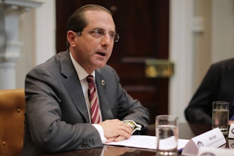 caption: HHS Secretary Alex Azar at a White House roundtable discussion of health care prices in January. Azar tells NPR his office is now in "active negotiations and discussion" with drugmakers on how to make HIV prevention medicines more available and "cost-effective."