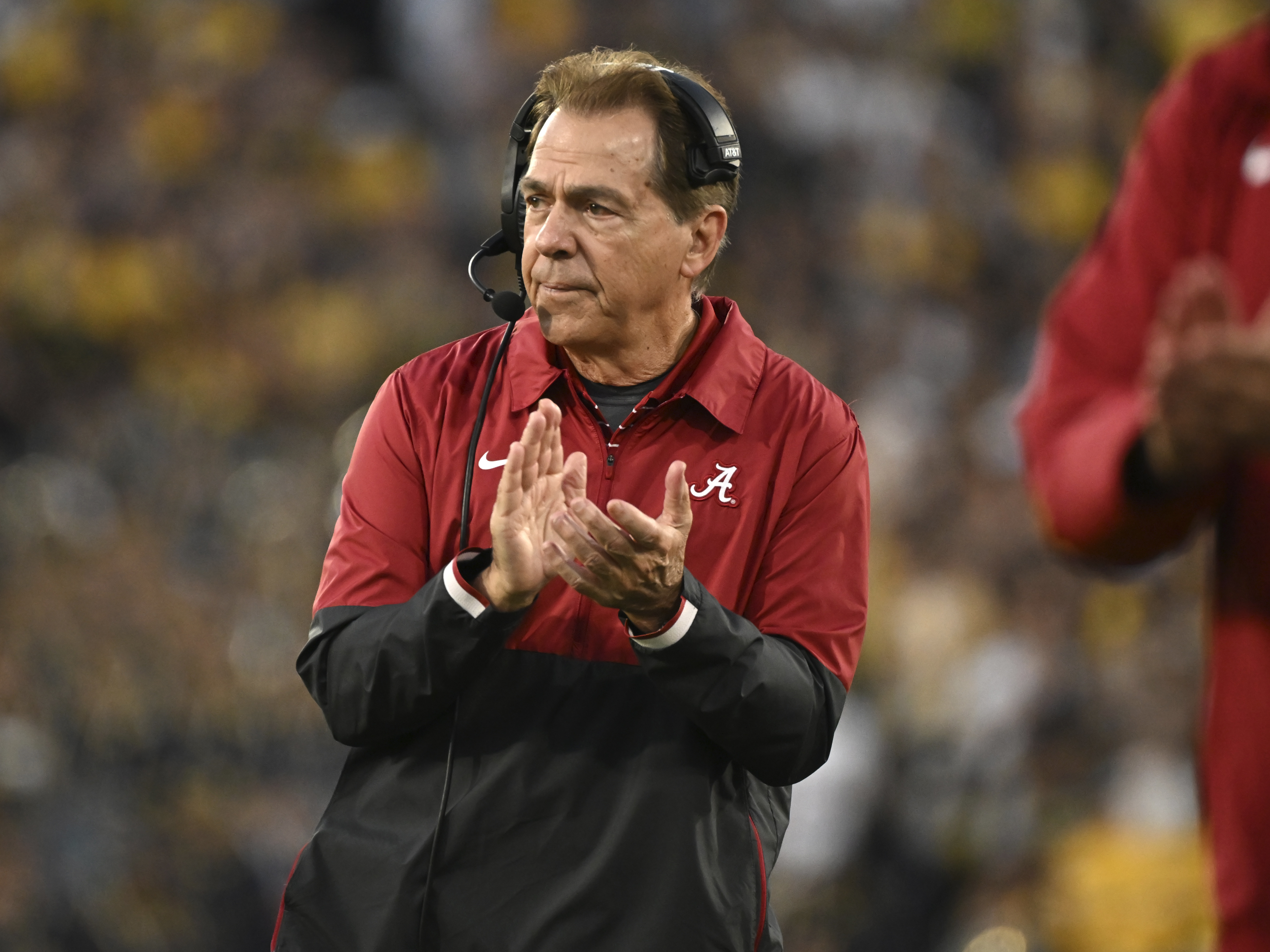 caption: Alabama head coach Nick Saban reacts after a second-half touchdown during the Rose Bowl CFP NCAA semifinal college football game against eventual national champion Michigan on Monday, Jan. 1, 2024, in Pasadena, Calif.