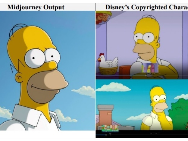 caption: The <a href="https://media.npr.org/assets/artslife/movies/misc/midjourney.pdf">lawsuit</a> juxtaposes images of copyrighted characters, such as Disney's Homer Simpson, shown above on the right, beside images output by Midjourney, left.