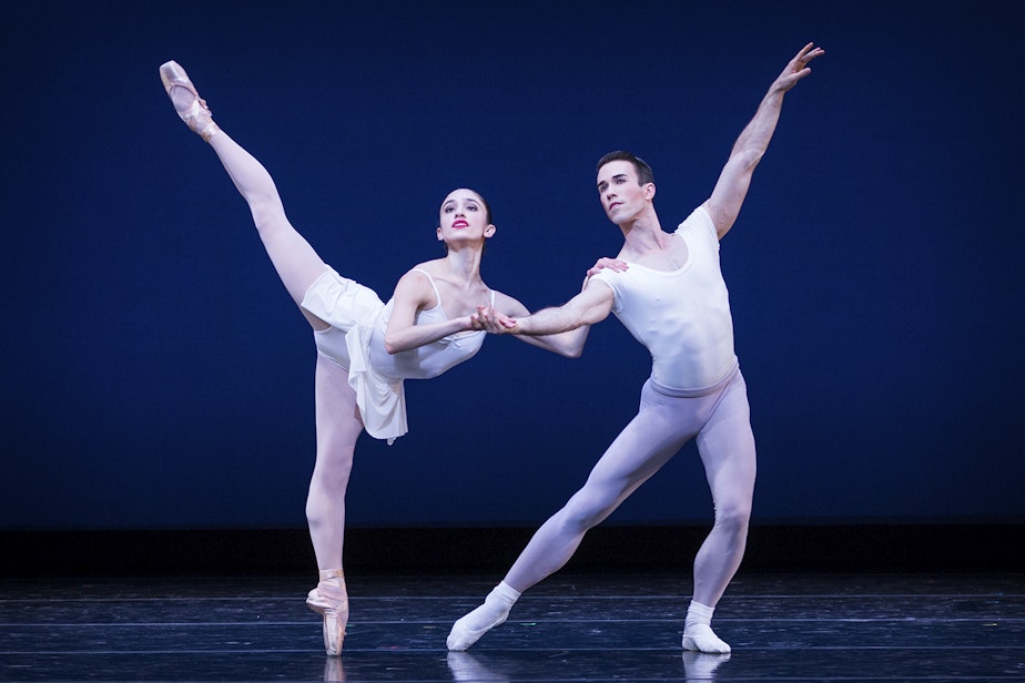 caption: PNB principal dancers Leta Biasucci and Benjamin Griffiths in George Balanchine's "Square Dance"
