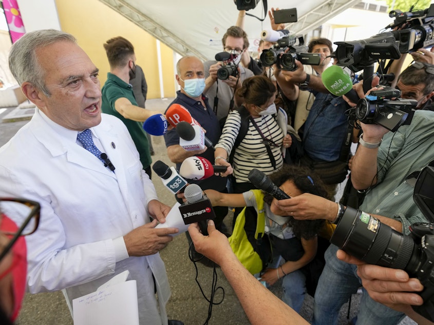 caption: Spallanzani infectious disease hospital Director Francesco Vaia talks to reporters at the end of a news conference Friday in Rome.