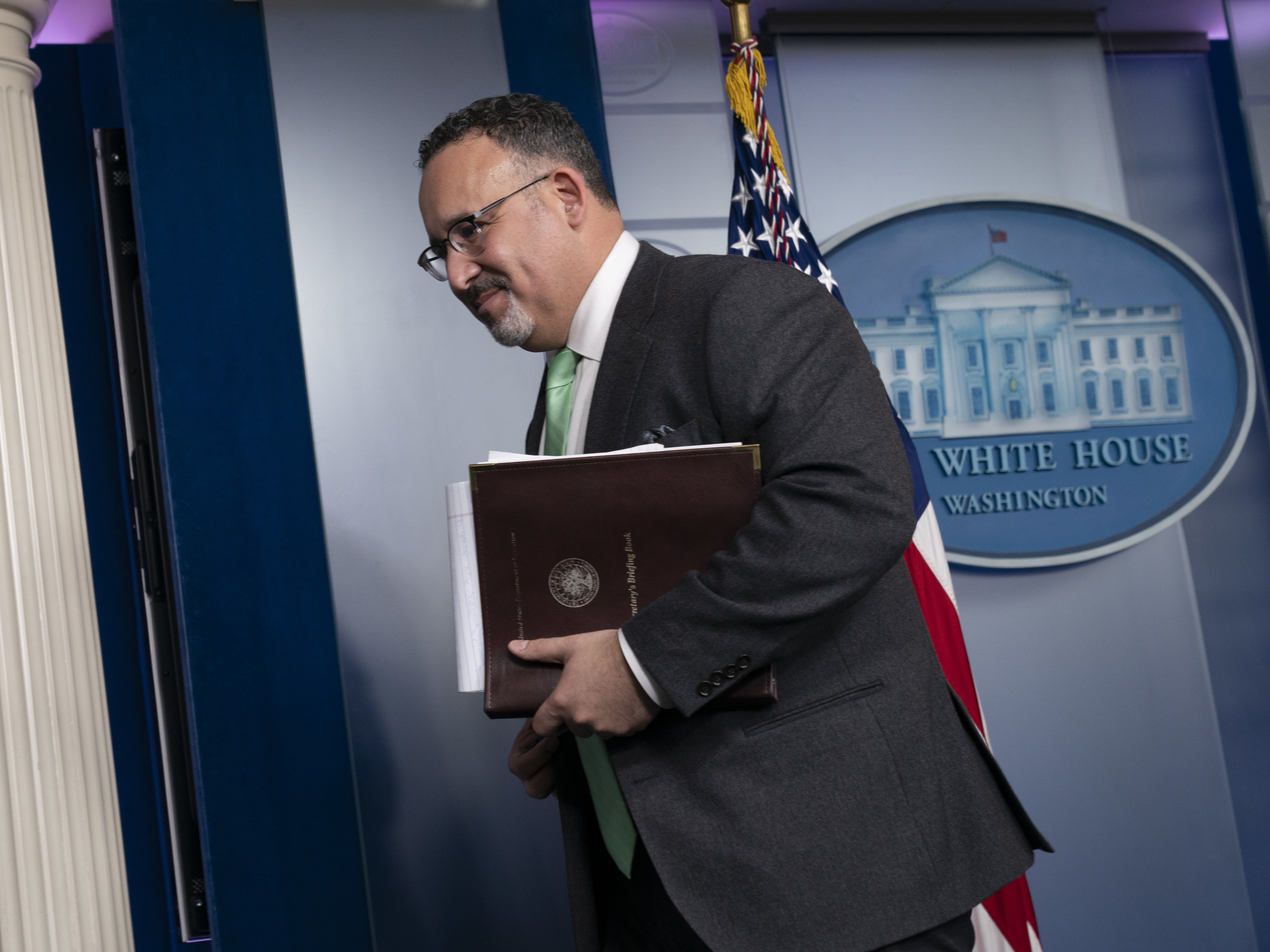 caption: U.S. Education Secretary Miguel Cardona, pictured here in March, begins a back-to-school tour of the Midwest on Monday.