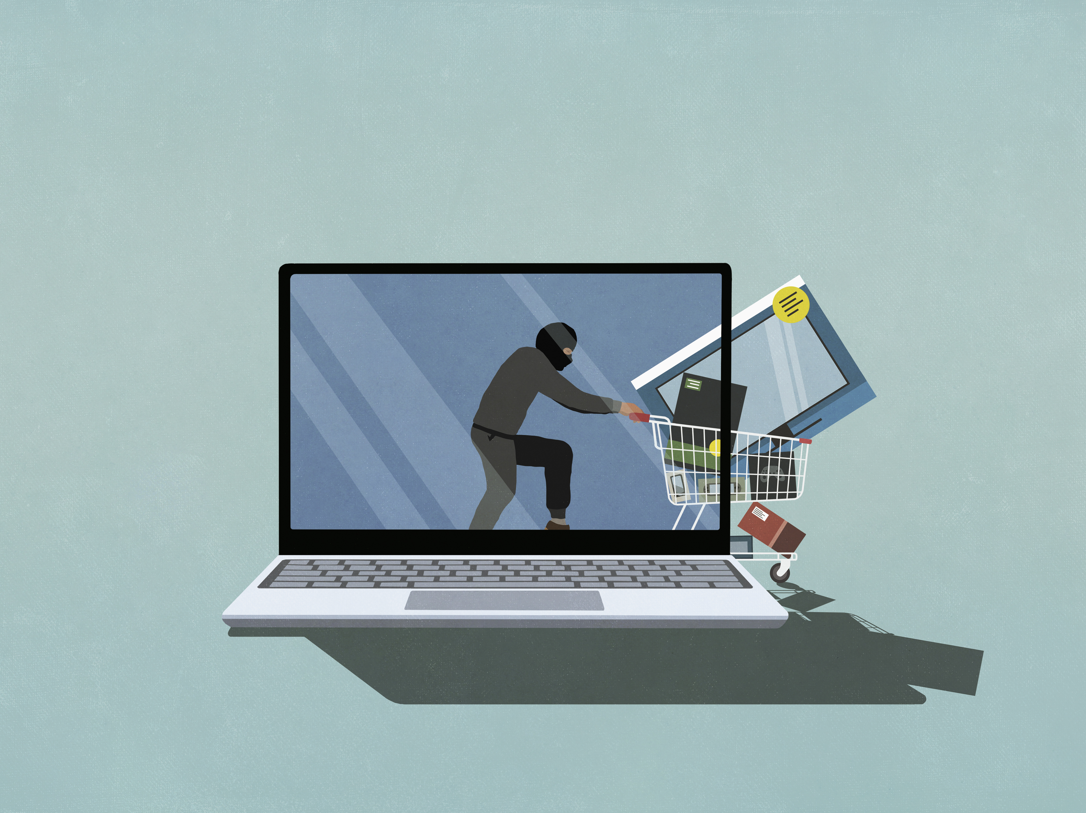 A thief sneaks behind a computer screen with a grocery cart full of stolen goods.