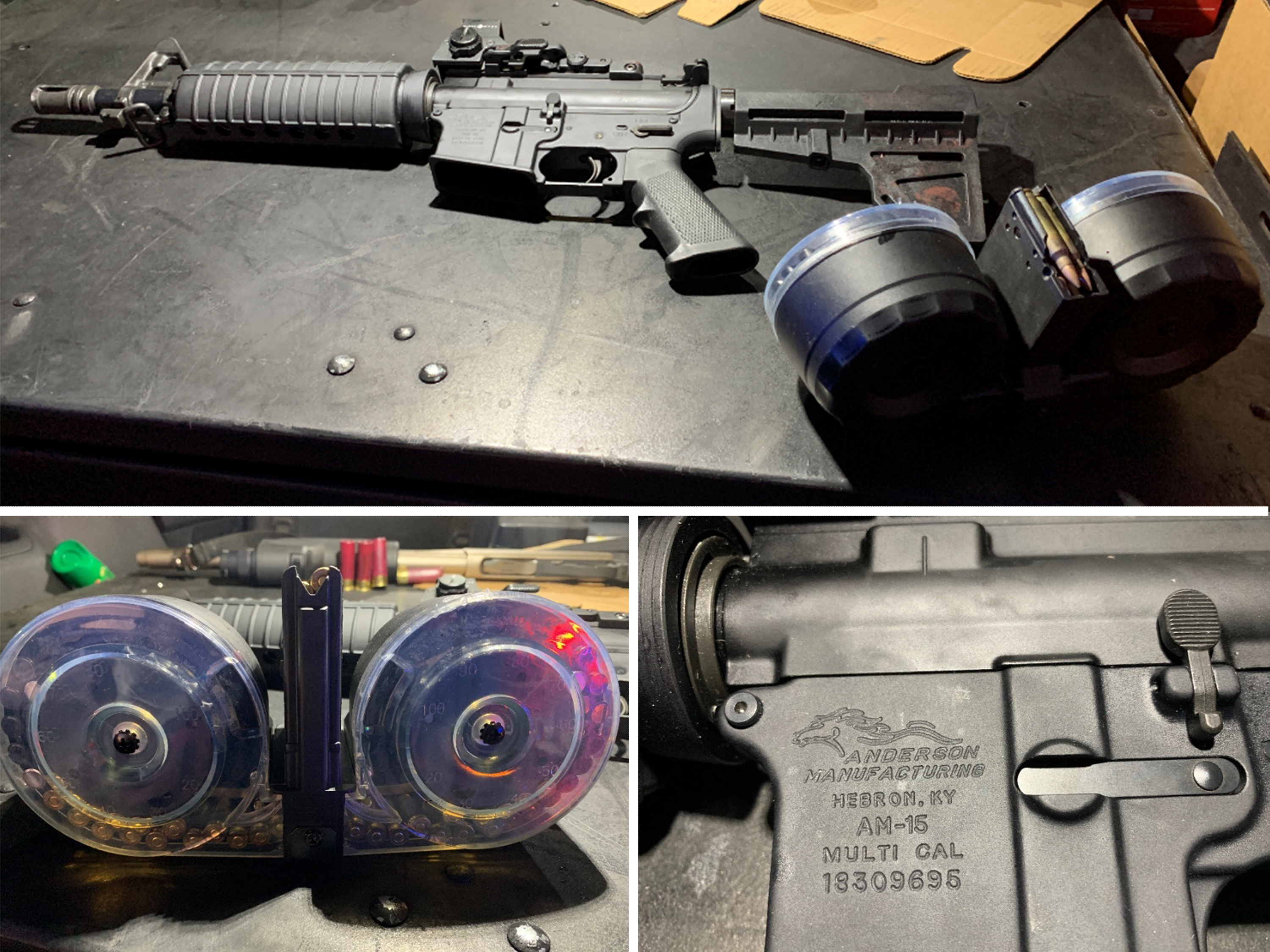 caption: The gun used in the Dayton shooting (top) has a barrel that's shorter than the federal minimum for a rifle. Legally classified as a pistol, it was fed by a 100-round "double-drum" magazine (lower left). A closeup of the gun's lower receiver (bottom right) shows the only part of the gun that is legally considered a firearm.