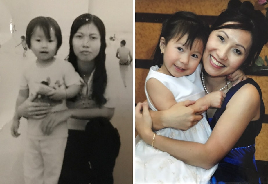 caption: Left: Diem Pham (left) with her mother, Mary Pham, at the beach in Vietnam in 1974. Right: Diem Pham (right) with her daughter, 4-year-old Sarah Pham, at a family wedding in 2006.
