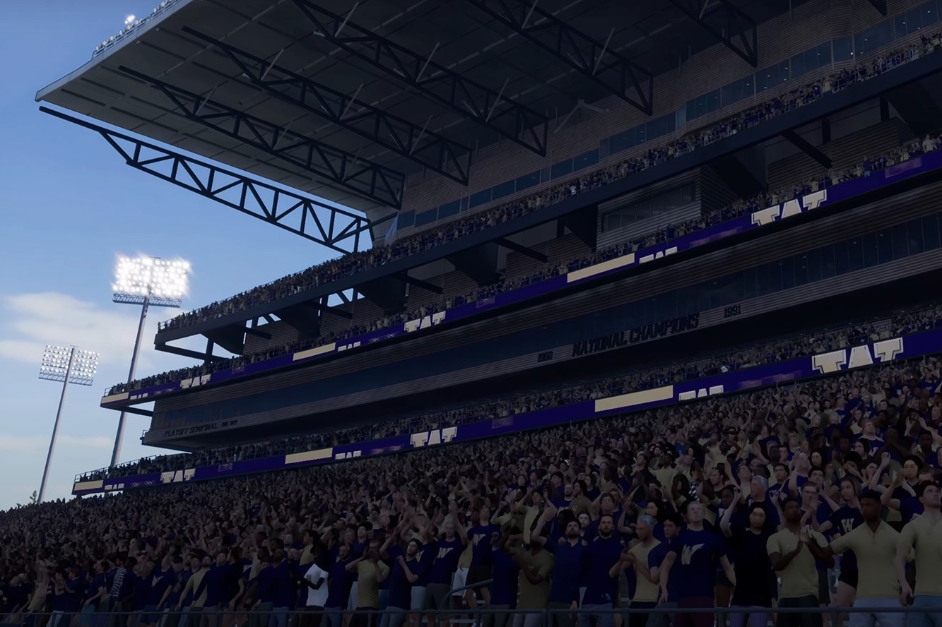 caption: Fans cheer in this generative-AI image of the University of Washington's Husky Stadium featured in EA's College Football 26. EA has said that without generative AI, it could not have modeled unique stadiums for each of 150 different college sports teams or included 11,000 player likenesses for the 25th edition of the game. While sports video games have always included multiple stadiums, EA has said this scale of localization was not possible until gen AI.