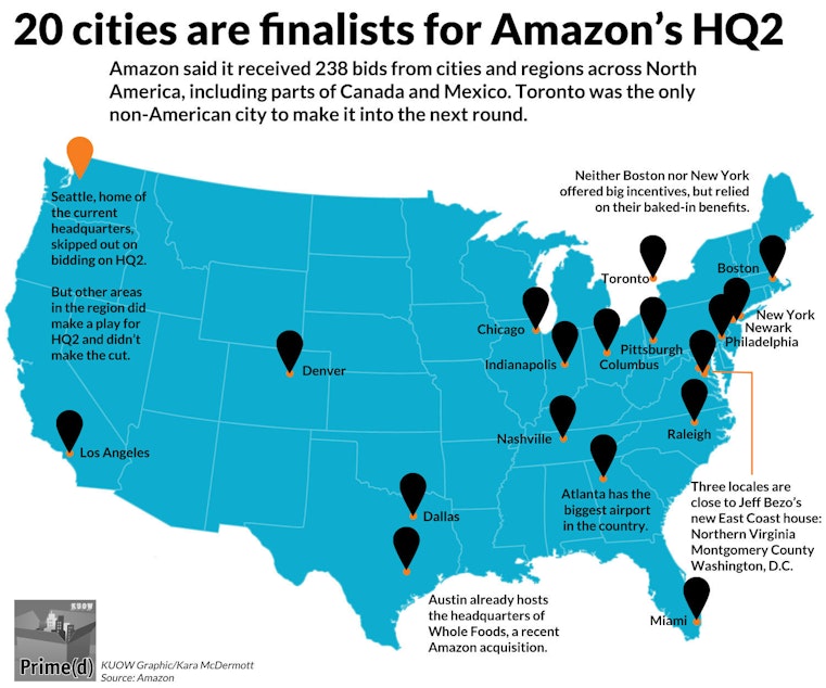 caption: In January 2017 Amazon released its short list of 20 places in the running to host its second headquarters.