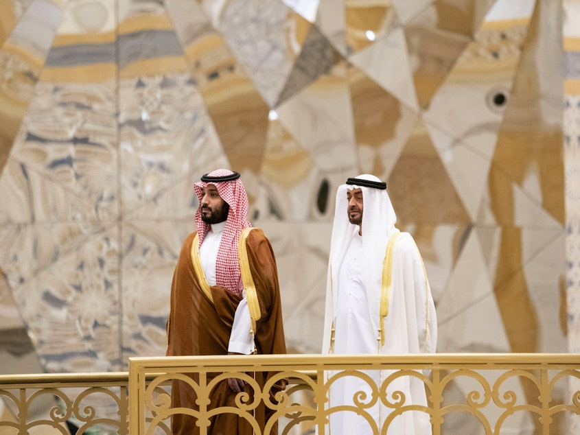caption: Saudi Crown Prince Mohammed bin Salman (left) attends a ceremony with Abu Dhabi Crown Prince Mohammed bin Zayed Al Nahyan in Abu Dhabi, United Arab Emirates, in November. The Saudi crown prince was in the UAE for talks that were expected to focus on the war in Yemen and tensions with Iran.