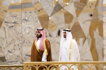 caption: Saudi Crown Prince Mohammed bin Salman (left) attends a ceremony with Abu Dhabi Crown Prince Mohammed bin Zayed Al Nahyan in Abu Dhabi, United Arab Emirates, in November. The Saudi crown prince was in the UAE for talks that were expected to focus on the war in Yemen and tensions with Iran.