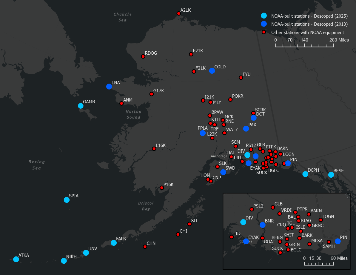 caption: Nine seismic stations, shown in pale blue on a map of Alaska, are expected to go dark in January due to federal funding cuts.