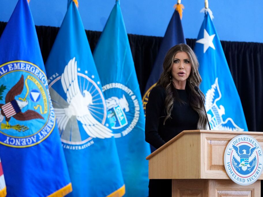 caption: Secretary of Homeland Security Kristi Noem speaks to staff at DHS headquarters in Washington, D.C., on Jan. 28.