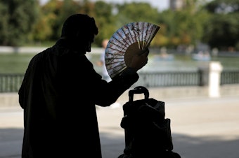 caption: A man uses a hand fan in a park in central Madrid during a heat wave.