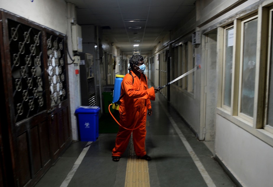 caption: A health worker sprays disinfectant inside government offices as a preventive measure against the COVID-19 coronavirus.