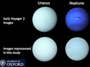 caption: The images taken by Voyager 2 when it passed Neptune in 1989 were originally processed to better reveal its distinctive features, but as a result they made the planet look too blue.
