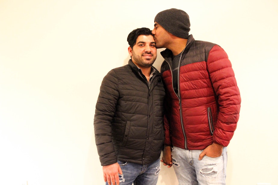 caption: Btoo Allami (left) and Nayyef Hrebid (right) met in 2004, during the siege of Ramadi. Hrebid was a translator with the U.S. Marines, and Allami was an Iraqi soldier. "I saw him," says Hrebid, 'and I was like, oh my God, he is so handsome. He is perfect.'