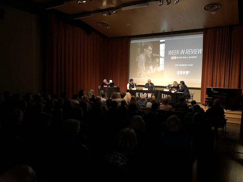 caption: Jonathan Evison, C.R. Douglas, Melissa Santos and Bill Radke on stage at the Bainbridge Island Museum of Art.
