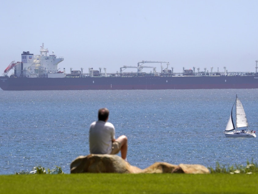 caption: The oil tanker Pegasus Voyager sits off the coast as a man sits and watches in a park in Long Beach, Calif., on April 22. Many vessels are parked between Long Beach and the San Francisco Bay Area with nowhere to go due to lack of demand and nowhere to store the oil.