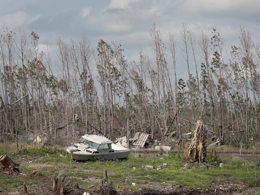 caption: A boat carried by Hurricane Michael rests along a tree line near a canal in May in Mexico Beach, Fla. Seven months after the Category 5 hurricane made landfall near the small community, the town is still littered with heavily damaged and destroyed homes and businesses.