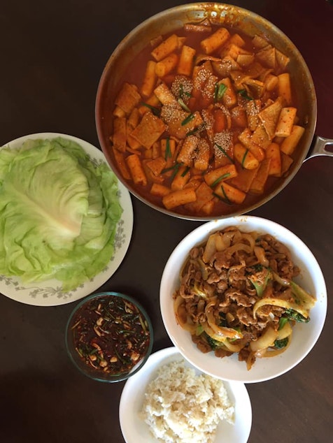 Korean spicy pork Bulgogi and Dduck-Bbok gi, or rice noodles.