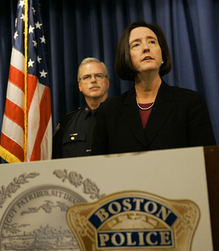 caption: Former Boston Police Commissioner Kathleen O'Toole at a press conference in 2005. O'Toole is a candidate for Seattle Police chief.