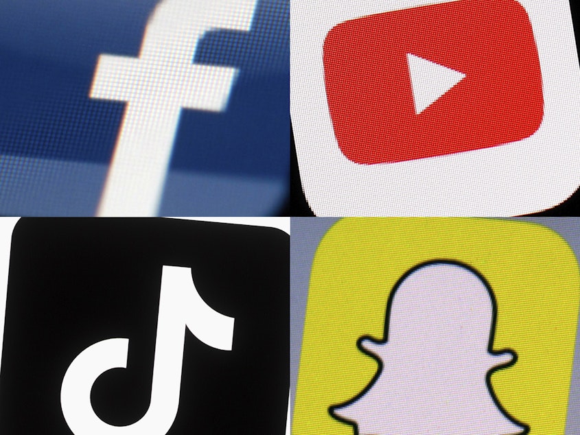 caption: This combination of 2017-2022 photos shows the logos of Facebook, YouTube, TikTok and Snapchat on mobile devices. On Friday, Jan. 6, 2023, Seattle Public Schools filed a lawsuit in U.S. District Court, suing the tech giants behind TikTok, Instagram, Facebook, YouTube and Snapchat, seeking to hold them accountable for the mental health crisis among youth.