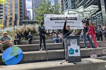 caption: Former Amazon Employee Emily Cunningham speaks at a walkout protesting the company's carbon footprint and return-to-office policy.
