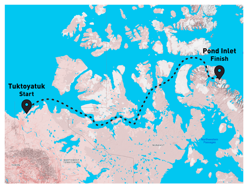 caption: Map of the route that Karl Kruger aims to take in his attempt to paddleboard the Northwest Passage.