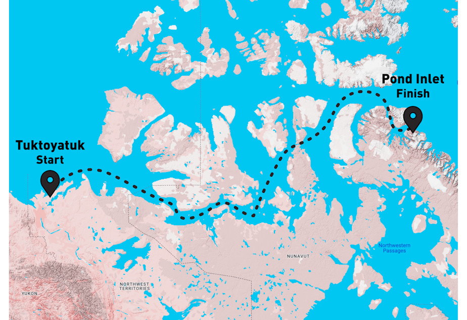 caption: Map of the route that Karl Kruger aims to take in his attempt to paddleboard the Northwest Passage.