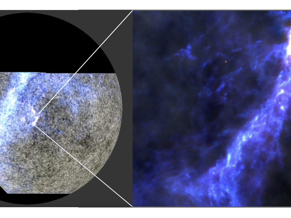 caption: A new half-sky image from the Atacama Cosmology Telescope combines three wavelengths of light to show the Milky Way galaxy in purple and the cosmic microwave background in gray. On the right, the image is zoomed in to show the Orion Nebula.