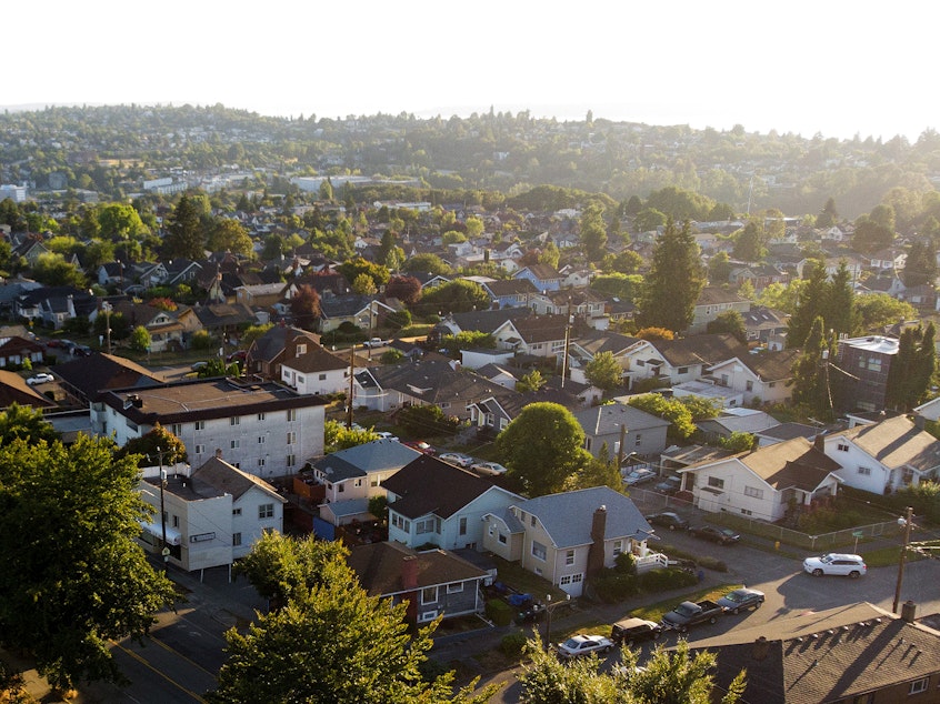 caption: Homes are shown in the Beacon Hill neighborhood of Seattle in July of 2020. 
