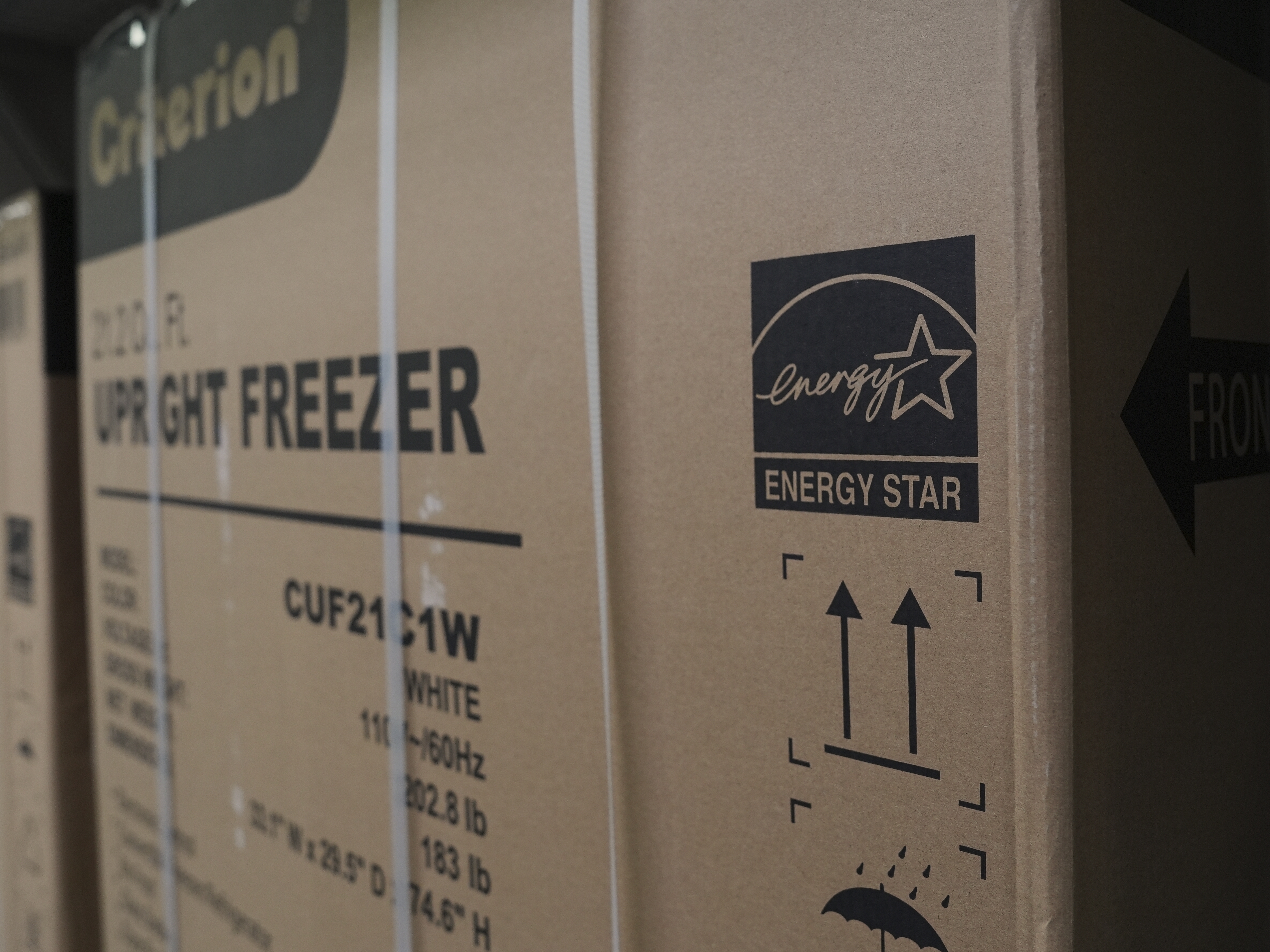 caption: An Energy Star logo is displayed on a box for a freezer Jan. 21, 2025, in Evendale, Ohio.