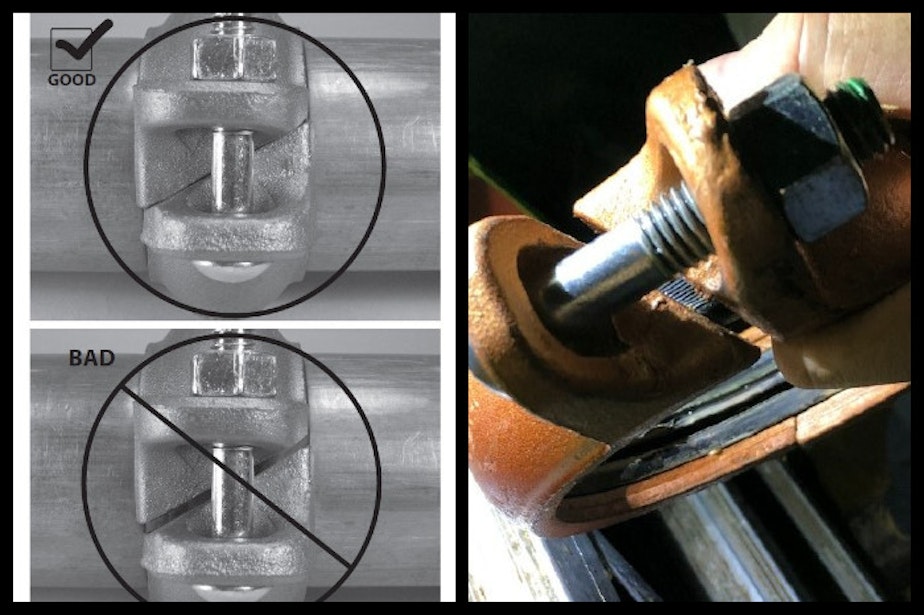 caption: An excerpt from a Victaulic pipe installation manual (left) and a photo of the coupling on the pipe that burst in April 2020 (right).