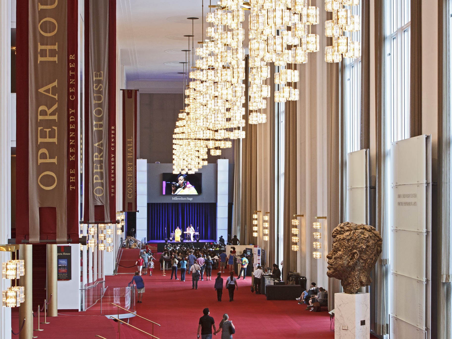 caption: The grand foyer in the John F. Kennedy Center for the performing arts