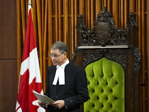 caption: The Speaker of the House of Commons Anthony Rota delivers a speech following an address by Ukrainian President Volodymyr Zelenskyy in the House of Commons on Parliament Hill in Ottawa on Friday, Sept. 22, 2023.