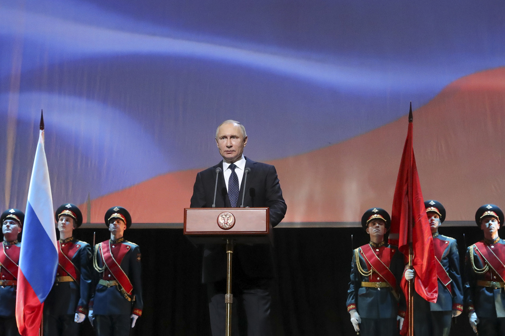 caption: Russian President Vladimir Putin delivers his speech prior to a concert in St. Petersburg, Russia, Sunday, Jan. 27, 2019. (Mikhail Klimentyev, Sputnik, Kremlin Pool Photo via AP)