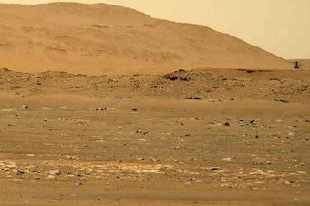 caption: In this April 30, 2021, file image taken by the Mars Perseverance rover and made available by NASA, the Mars Ingenuity helicopter, right, flies over the surface of the planet.