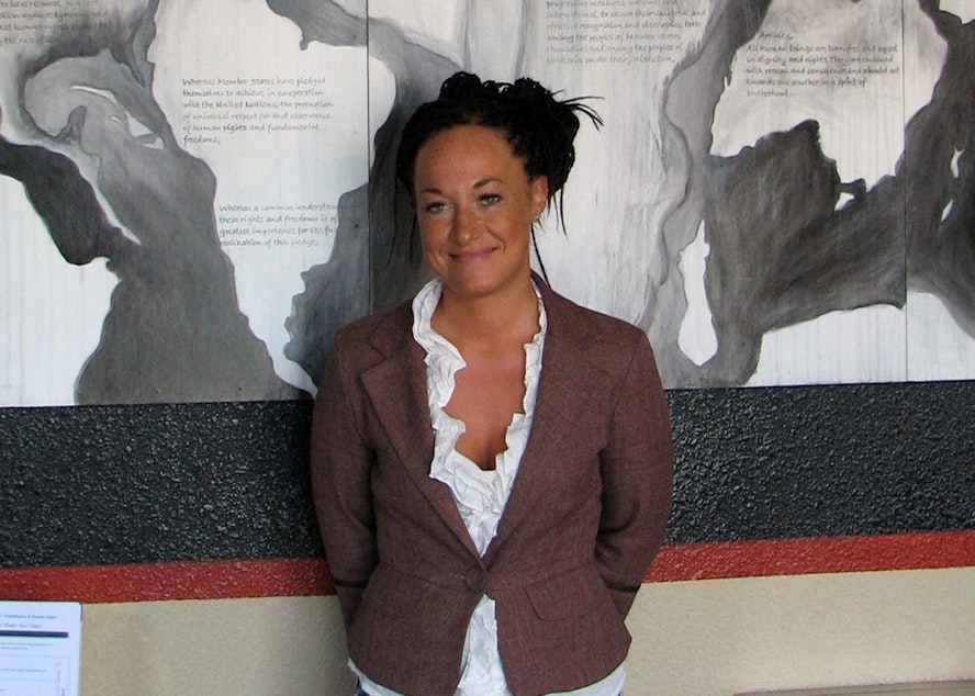 caption: Rachel Dolezal is shown in a file photo from July 24, 2009, when she was with the Human Rights Education Institute in Coeur d'Alene, Idaho.