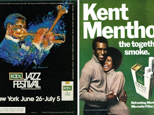 caption: Left: A Kool cigarettes advertisement targeting Black communities for a sponsored event, the <em>Kool Jazz Festival</em>; Right: A Kent cigarettes ad targeting Black smokers.
