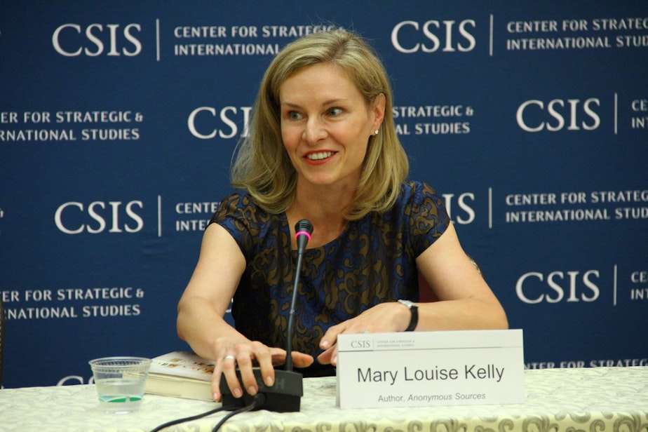 caption: Mary Louise Kelly at a talk for her book, "Anonymous Sources," in 2013 hosted by the Center for Strategic and International Studies.