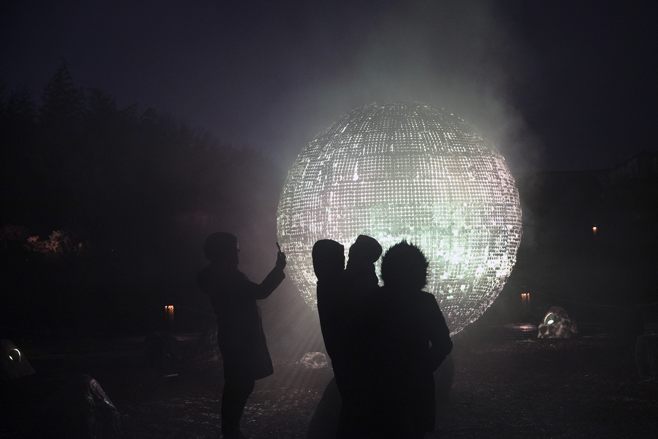 caption: Guests take in a large disco ball at Astra Lumina on Thursday, December 4, 2025, at the Seattle Chinese Garden in West Seattle. 