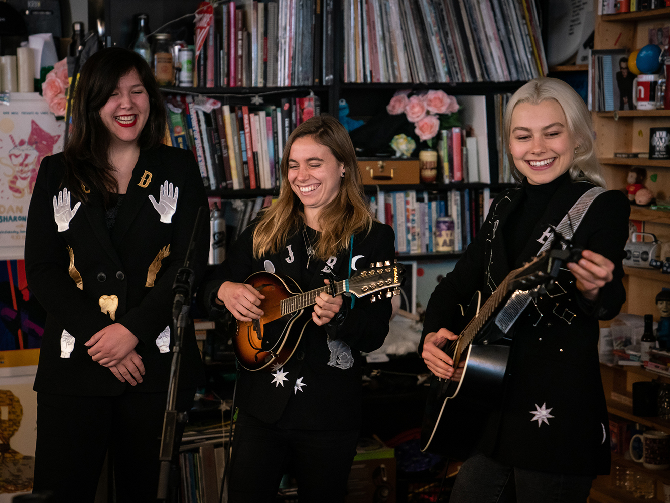 caption: Boygenius performs a Tiny Desk Concert on Nov. 9, 2018 (Cameron Pollack/NPR).
